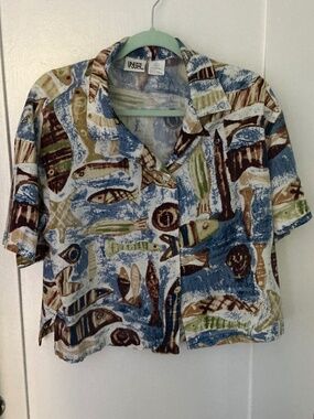 Vintage Fish Print Button-Up Blouse – Artsy Coastal Short Sleeve Top, Size XL